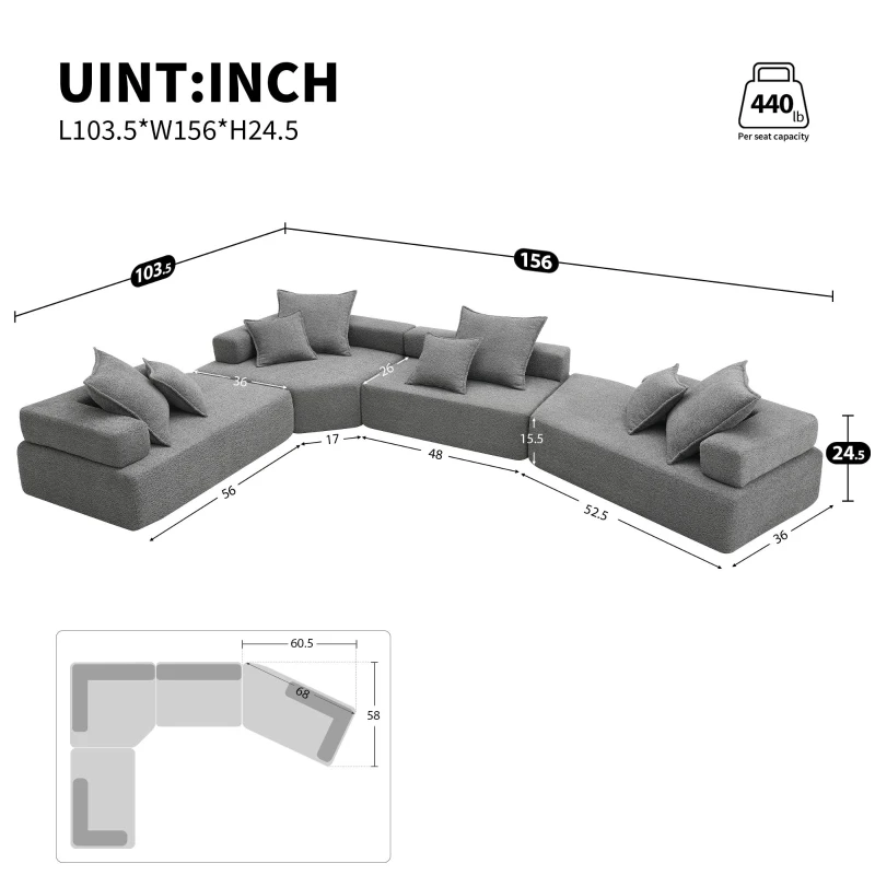 156" Oversized Modular U-Shaped Sectional Sofa with 4 Pieces Free Combination, Convertible Sleeper Couch for Living Room, Gray