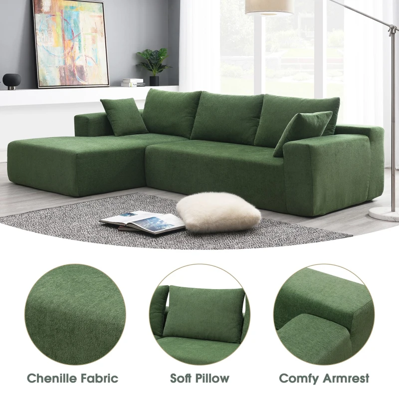 109" x 68" Modern Minimalist Upholstered Sleeper Couch with Square Arms and Pillows, No Assembly Required, Green