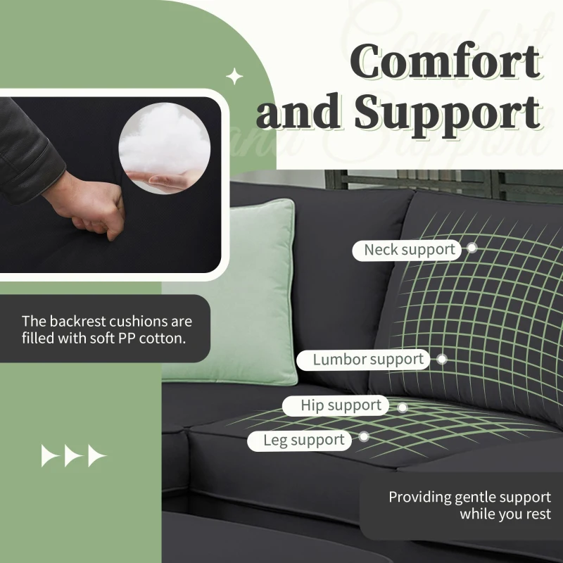 112" x 87" 7-Seater Modular Sofa with Ottoman and 3 Pillows, L-Shaped Fabric Couch Set, Modern Living Room Furniture, Black