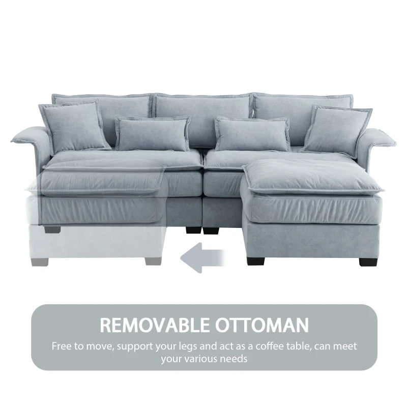 Oversized Luxury Sectional Sofa with Bentwood Armrests, Double Cushions, Ottoman, 4-Seat, L Shape Couch for Living Room, Blue