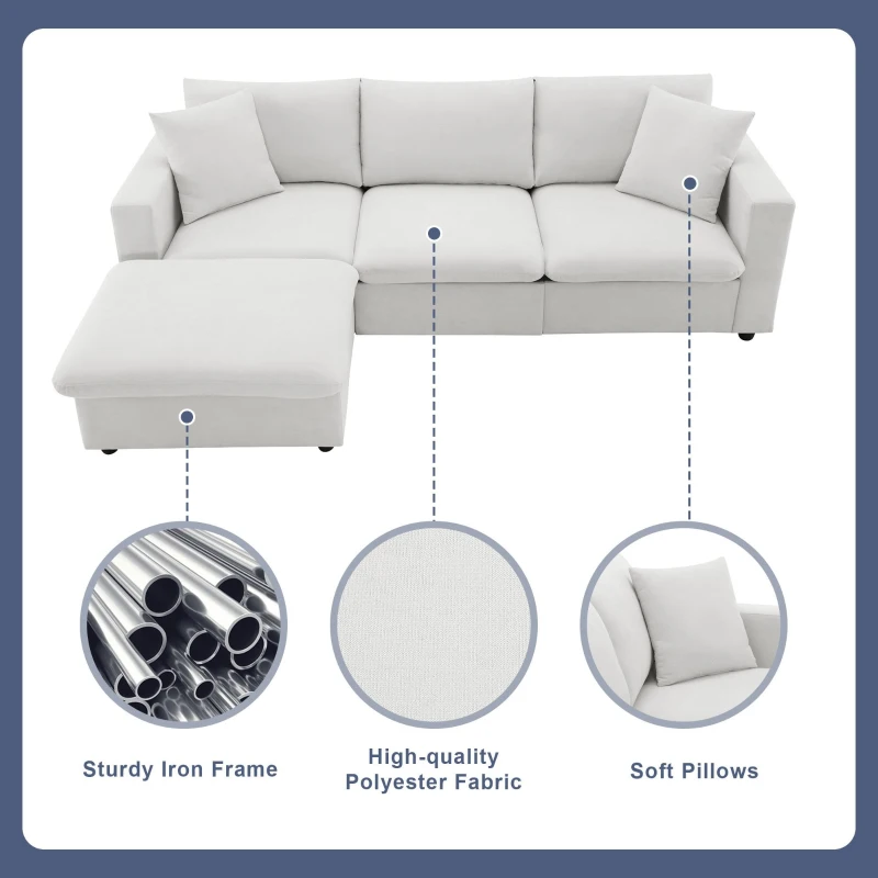 Modern L-Shaped 4-Seat Polyester Fabric Sectional Sofa Set with Convertible Ottoman and 2 Free Pillows, for Living Room, White