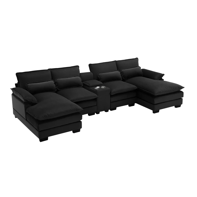 123" Modern U-Shaped 6-Seat Upholstered Sleeper Sofa Set with Console, Cupholders, USB Ports, and Chaise, 123″ L x 55″ W x 33″ H, Black