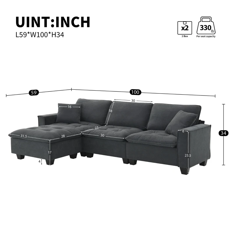 100" Modern L-Shaped Convertible Sectional Sofa with Free Pillows, 4-Seat Sofa for Living Room, 100″ L x 59″ W x 34″ H, Dark Gray