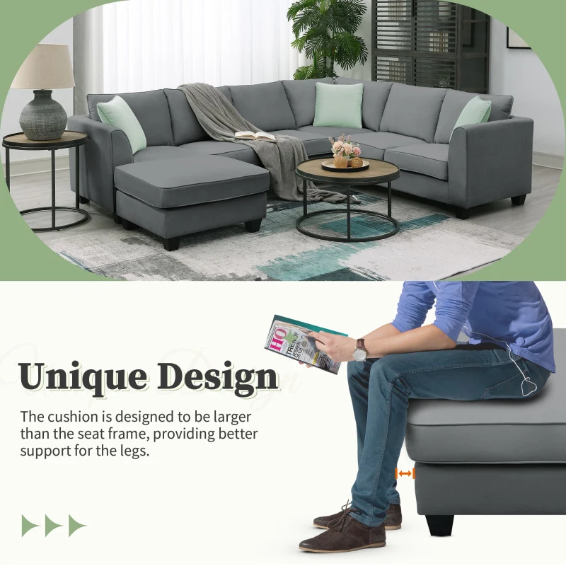 112" x 87" 7-Seater Modular Sofa with Ottoman and 3 Pillows, L-Shaped Fabric Couch Set, Modern Living Room Furniture, Gray