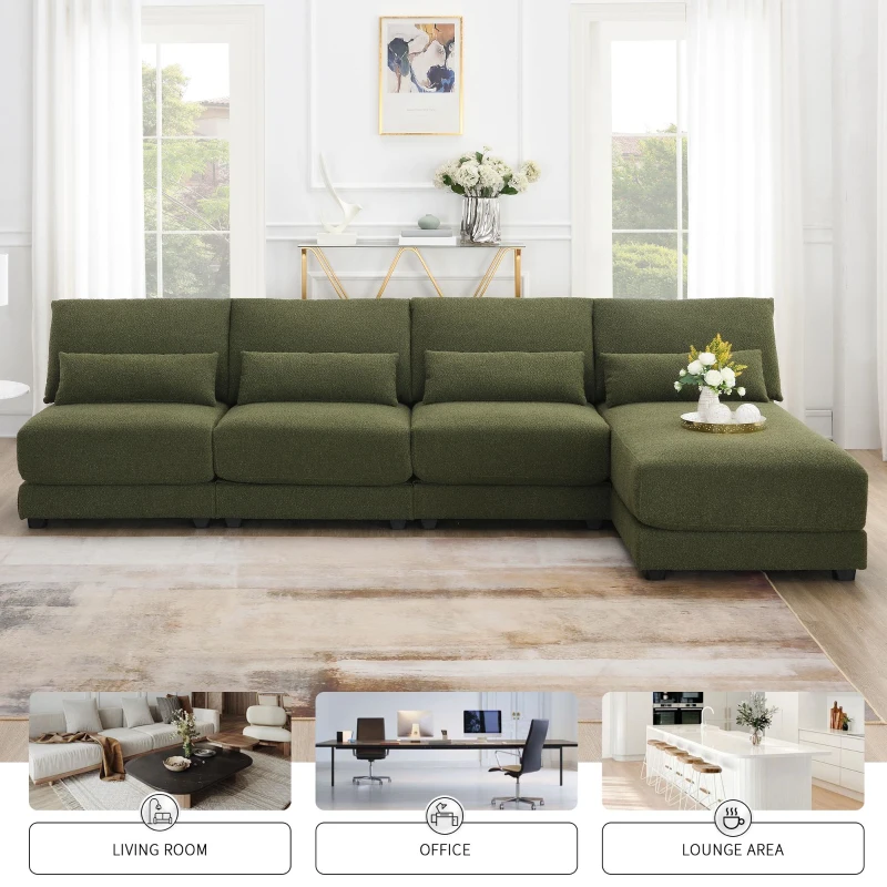Oversized Deep Seat Sectional Sofa with Reversible Chaise, Loop Yarn Fabric, 5-Seat Couch for Living Room, 120″ L x 61″ W x 33″ H, Green