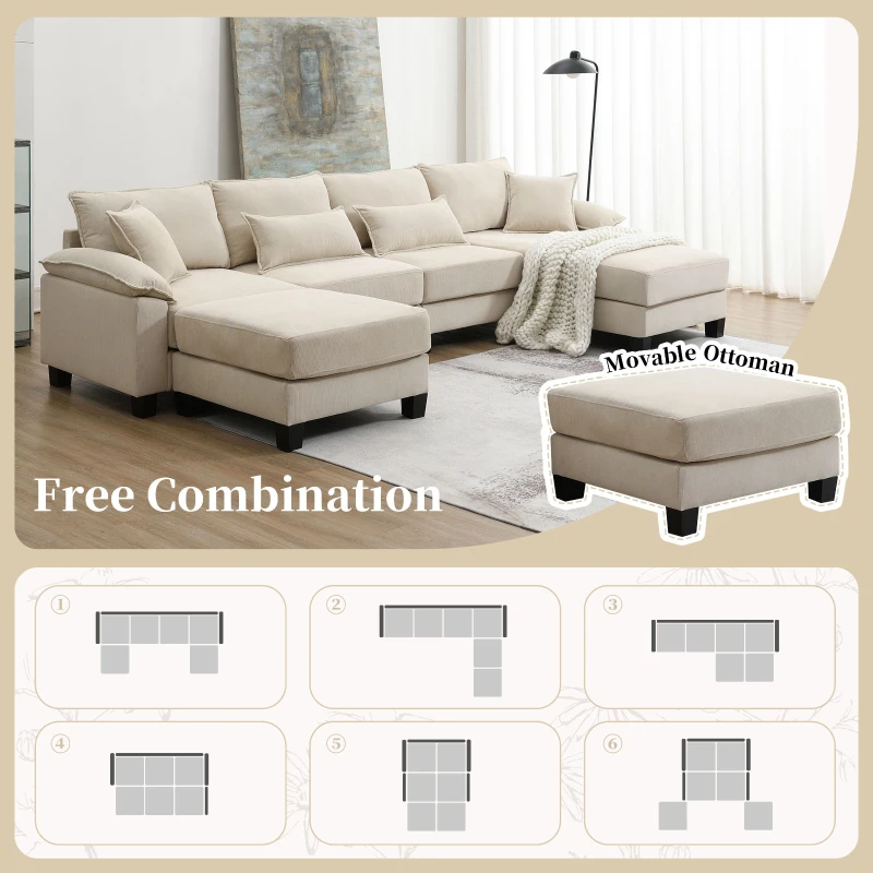 Wide Seat Corduroy Modular Sectional Sofa Bed, Couch Set with Armrest Pillow, 6 Seat Free Combination Sofa, 73" L x 65" W x 34" H, Beige