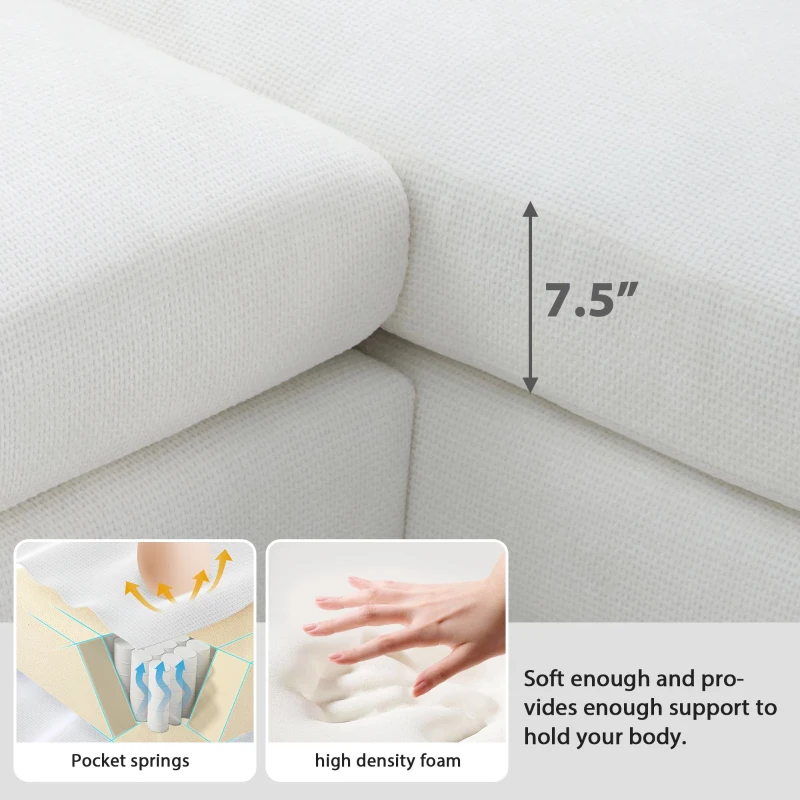 119" x 55" Modern Oversized Sectional Sofa with 2 Free Pillows and Chaise, L-Shaped 5-Seat Chenille Indoor Furniture for Living Room, White