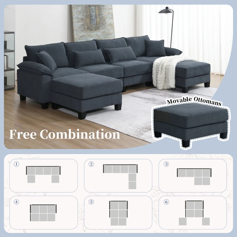 Wide Seat Corduroy Modular Sectional Sofa Bed, Couch Set with Armrest Pillow, 6 Seat Free Combination Sofa, 73" L x 65" W x 34" H, Gray