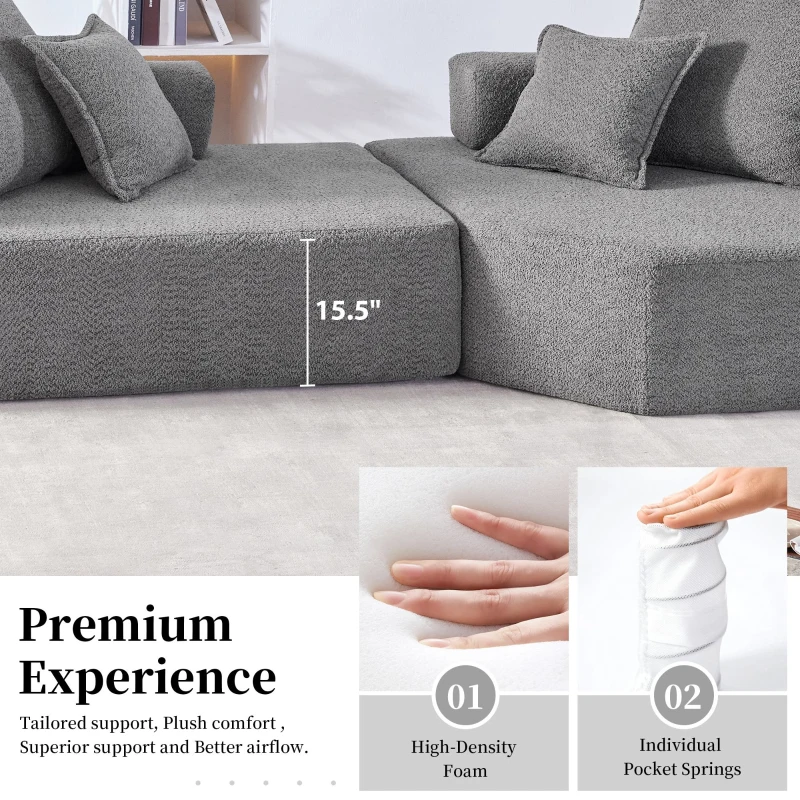 Oversized Modular Sectional Sofa with 2-Piece Free Combination, Spacious Sofa Bed for Living Room, 103.5" L x 47.5" W x 24.5" H, Gray