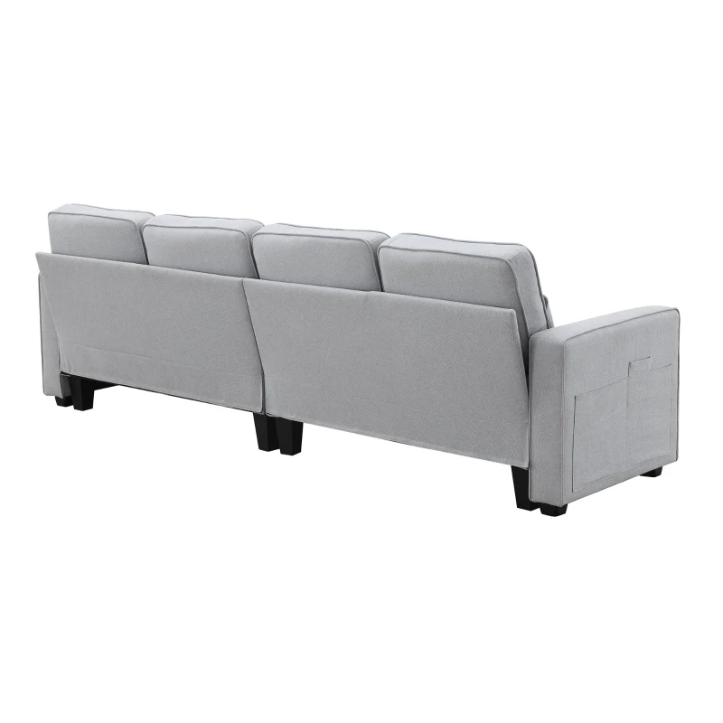 104" 4-Seater Modern Linen Fabric Sofa with Armrest Pockets and 4 Pillows, Minimalist Style, 104″ L x 33″ W x 34.5″ H, Light Gray