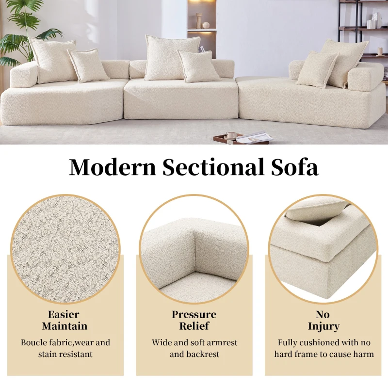 Oversized Modular Sectional Sofa with 3-Piece Free Combination, Convertible Sleeper Couch for Living Room, 156" L x 47.5" W x 24.5" H, Beige