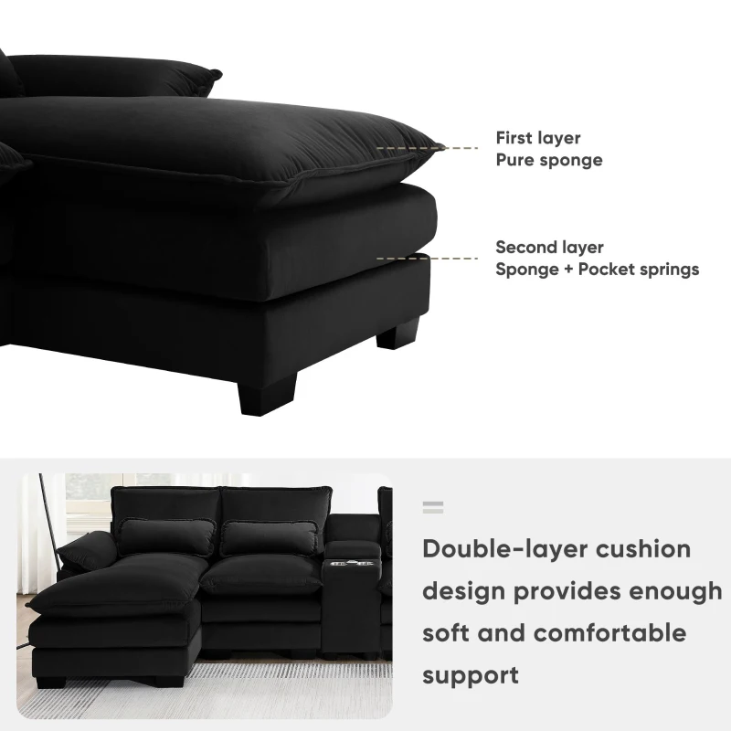 123" Modern U-Shaped 6-Seat Upholstered Sleeper Sofa Set with Console, Cupholders, USB Ports, and Chaise, 123″ L x 55″ W x 33″ H, Black