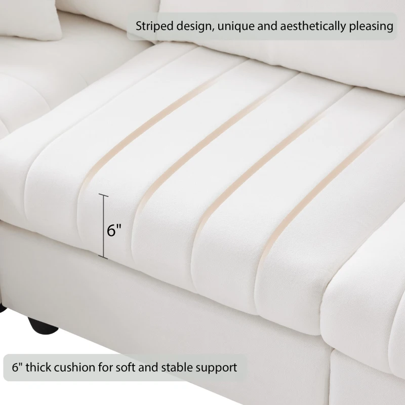89" x 79" Modern Sectional Sofa with Vertical Stripes and 2 Pillows, 5-Seat Couch with Convertible Ottoman, for Living Room, White