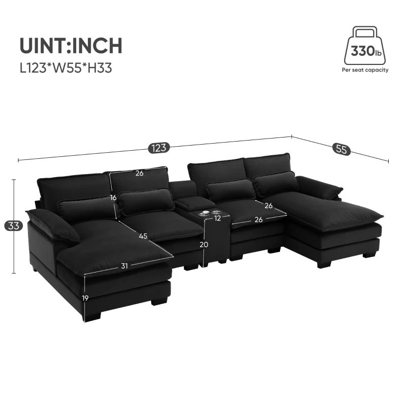 123" Modern U-Shaped 6-Seat Upholstered Sleeper Sofa Set with Console, Cupholders, USB Ports, and Chaise, 123″ L x 55″ W x 33″ H, Black