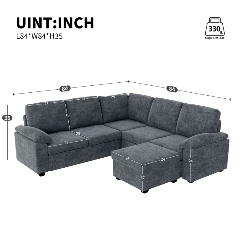 84" x 84" Modern Velvet Sectional Sofa Set with Ottoman and Armrest Pillow, 6-Seat Furniture for Living Room, 84″ L x 84″ W x 35″ H, Gray