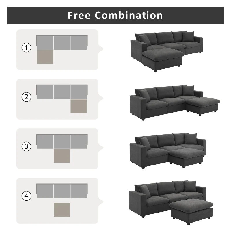 Modern L-Shaped 4-Seat Polyester Fabric Sectional Sofa Set with Convertible Ottoman and 2 Free Pillows, for Living Room, Dawn Gray