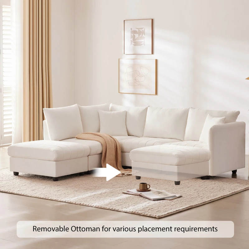 89" x 79" Modern Sectional Sofa with Vertical Stripes and 2 Pillows, 5-Seat Couch with Convertible Ottoman, for Living Room, White