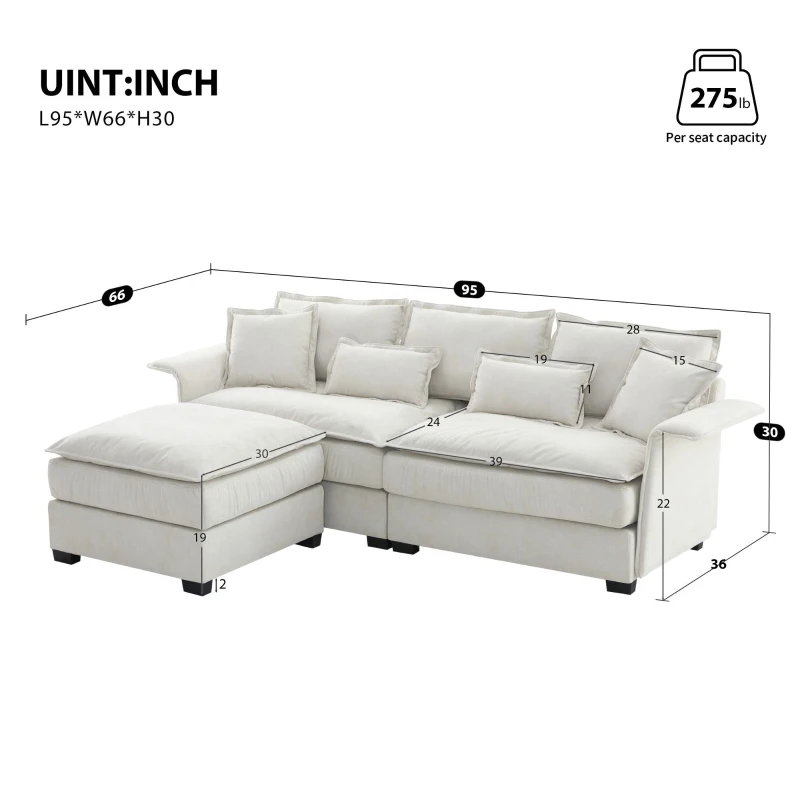 Oversized Luxury Sectional Sofa with Bentwood Armrests, Double Cushions, Ottoman, 4-Seat, L Shape Couch for Living Room, Beige