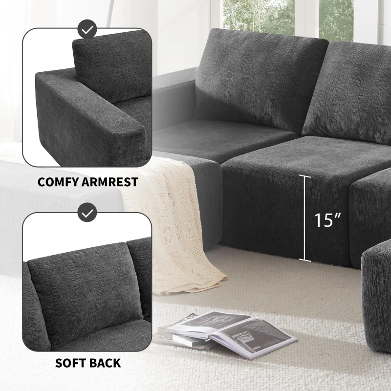 110" x 72" Luxury Chenille Upholstered Floor Couch Set with Foam-Filled, U Shaped Sofa for Living Room, Free Combination, Dark Gray