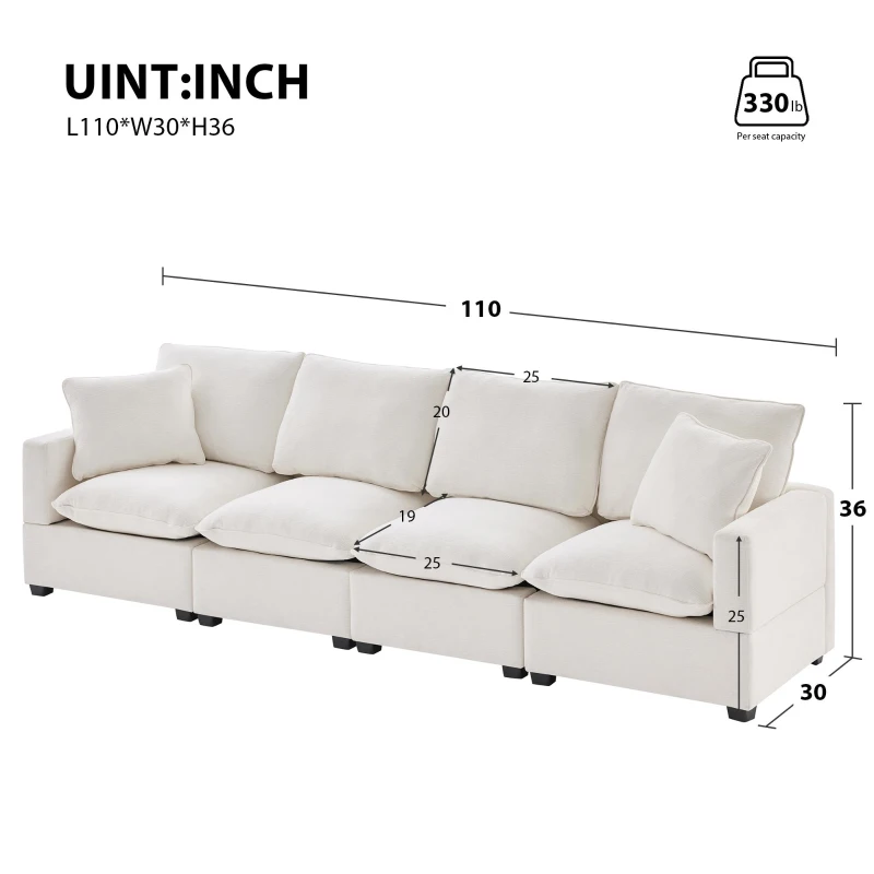 110" Modern 4-Seat Chenille Modular Sofa Set with 2 Pillows, Freely Combinable, for Living Room, 110″ L x 29″ W x 37″ H, White