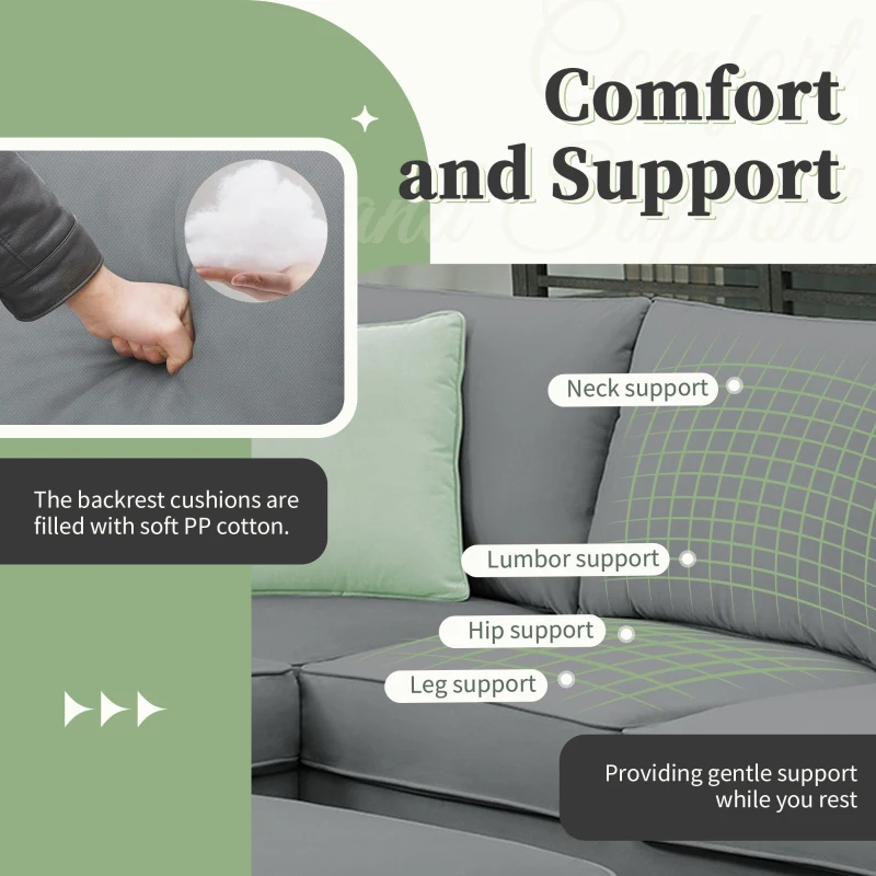112" x 87" 7-Seater Modular Sofa with Ottoman and 3 Pillows, L-Shaped Fabric Couch Set, Modern Living Room Furniture, Gray
