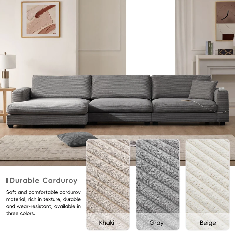 Oversized Corduroy Sectional Sofa with USB Charging Port and Cup Holder, Deep Seat Sofa Bed with 50" Chaise, 134″ L x 54″ W x 25″ H, Gray