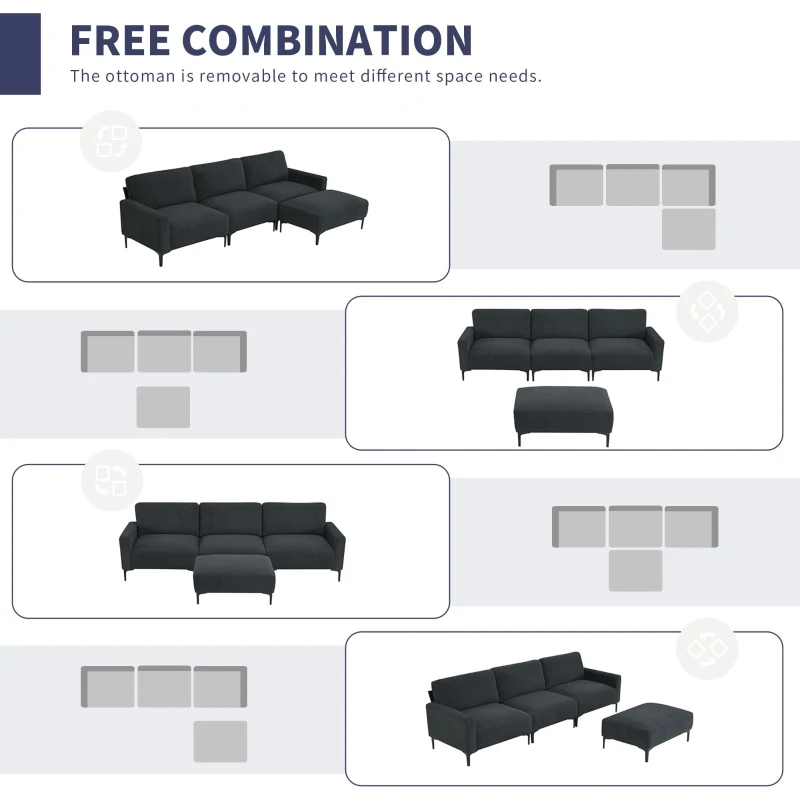 103.5" Modern L-Shaped 4-Seat Velvet Fabric Sectional Sofa Set with Convertible Ottoman, Freely Combinable for Living Room, Dark Grey