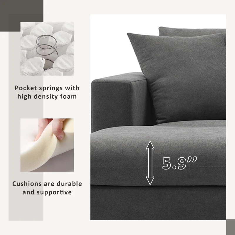 Modern L-Shaped 4-Seat Polyester Fabric Sectional Sofa Set with Convertible Ottoman and 2 Free Pillows, for Living Room, Dawn Gray