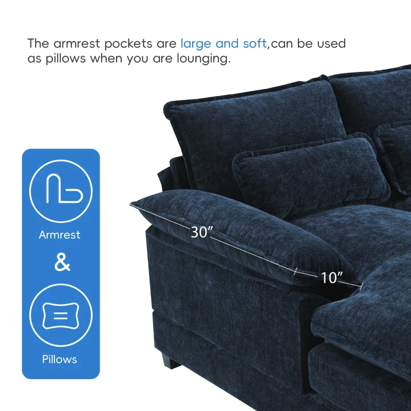 Modern U-Shaped 6-Seat Sectional Sofa with Chaise Lounge, Upholstered Sleeper Couch with Waist Pillows, 110″ L x 55″ W x 33″ H, Blue