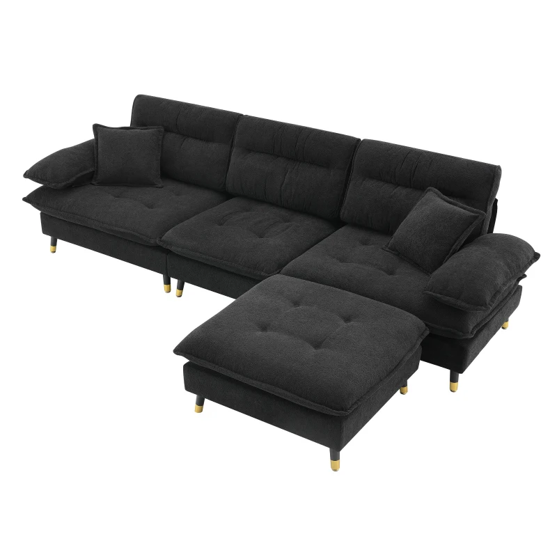 106" L-Shaped Convertible Tufted Sectional Sofa with 4-Seat, Adjustable Legs, Movable Ottoman for Living Room, 106″ L x 66.5″ W x 34″ H, Black