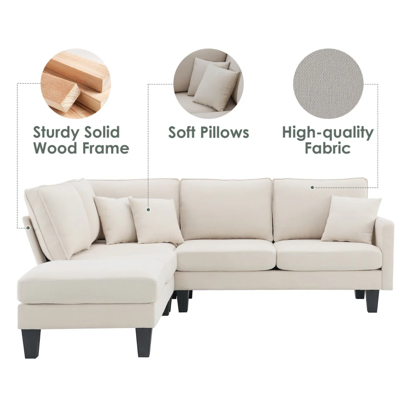 Modern 5-Seat L-Shape Sectional Sofa with Chaise Lounge and 3 Pillows, Terrycloth Upholstery, 90″ L x 88″ W x 35″ H, Beige
