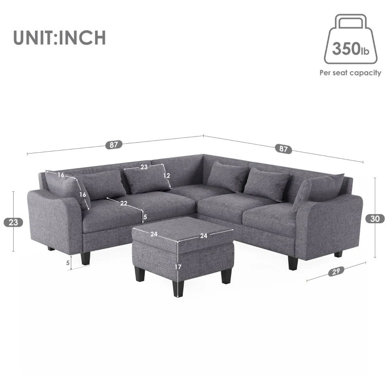 87" Modern Sectional Sofa with Coffee Table, Ottoman, Armrests, 6 Pillows, 6-Seat Couch for Living Room, 87″ L x 87″ W x 30″ H, Gray