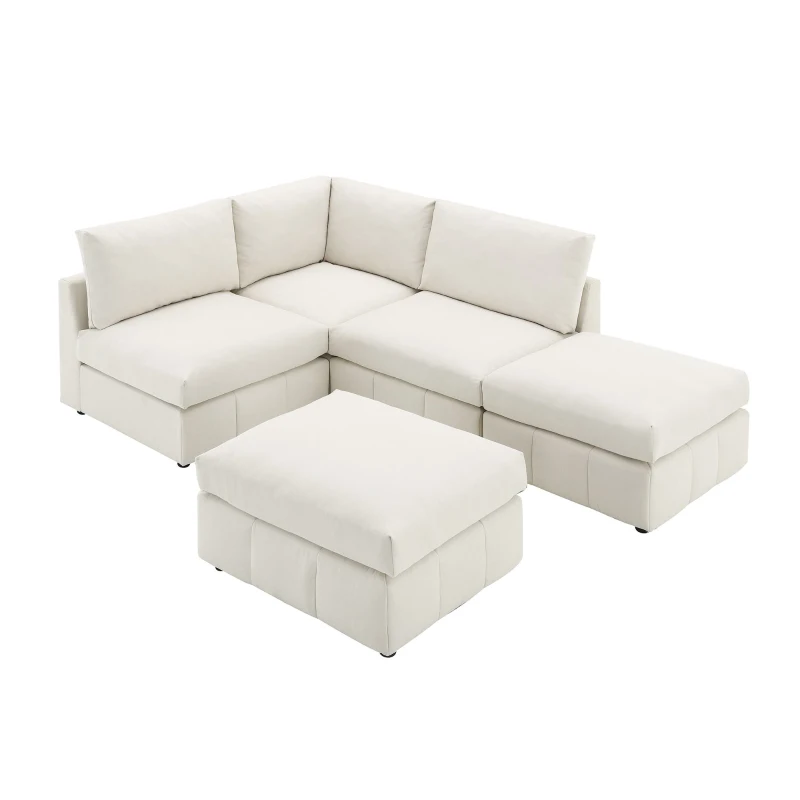 93" Modern Sectional Sofa with Convertible Ottomans and Vertical Stripes, 5-Seat L-Shape Armless Couch Set for Living Room, Beige