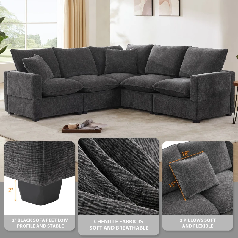 84" x 84" Modern L Shape Modular Sofa with 2 Pillows, 5 Seat Chenille Sectional Couch Set, for Living Room, 84″ L x 84″ W x 37″ H, Black+Gray