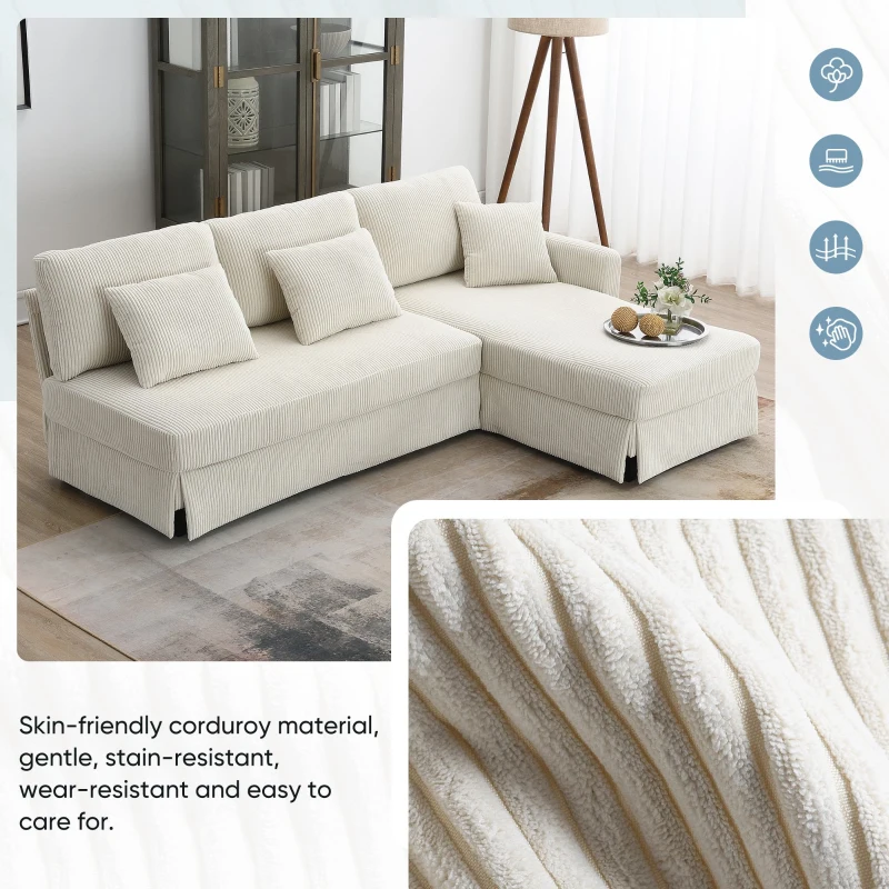 87" x 61" Modern L-Shaped Corduroy Sofa with Reversible Chaise, 4-Seat, Couch with Pillows for Living Room, 87″ L x 61″ W x 33″ H, Beige