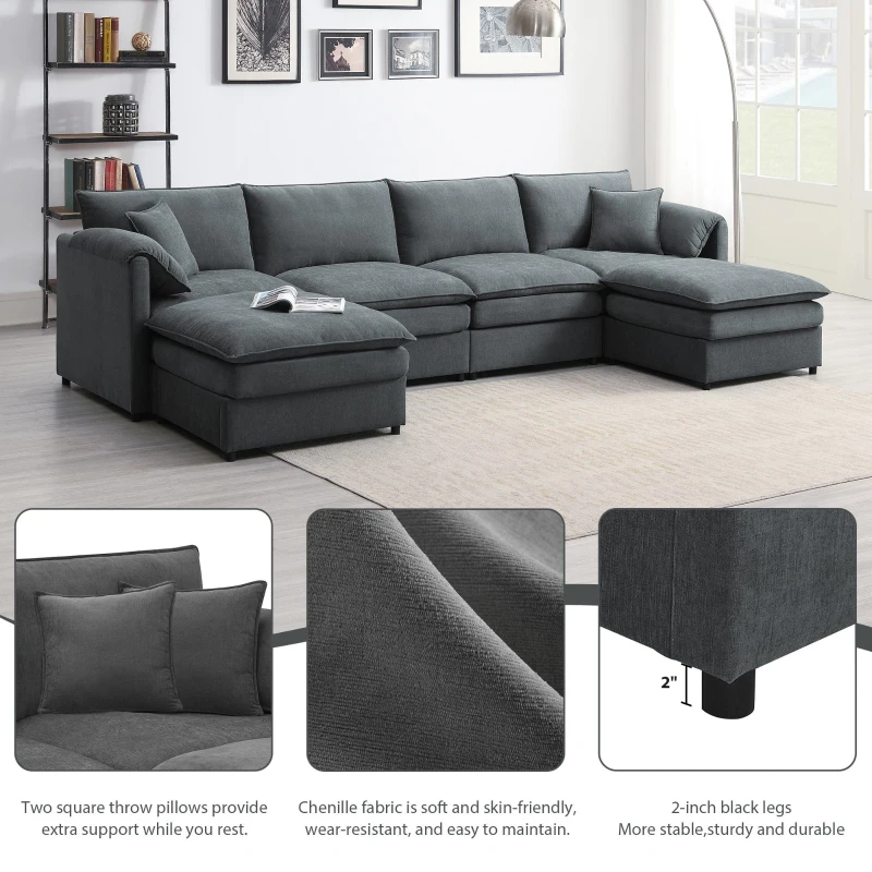 134" Chenille Modular Sectional 6 Seat Sleeper Sofa Bed with Ottomans, Double Cushions, for Living Room, 134″ L x 66″ W x 35″ H, Dark Gray
