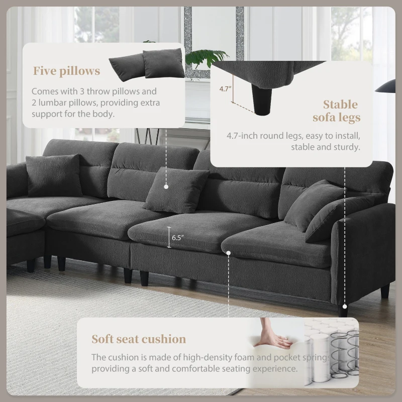 110" Modern L-Shaped Convertible Sectional Sofa with Free Pillows, 5-Seat Indoor Furniture for Living Room, 110″ L x 62″ W x 34″ H, Gray