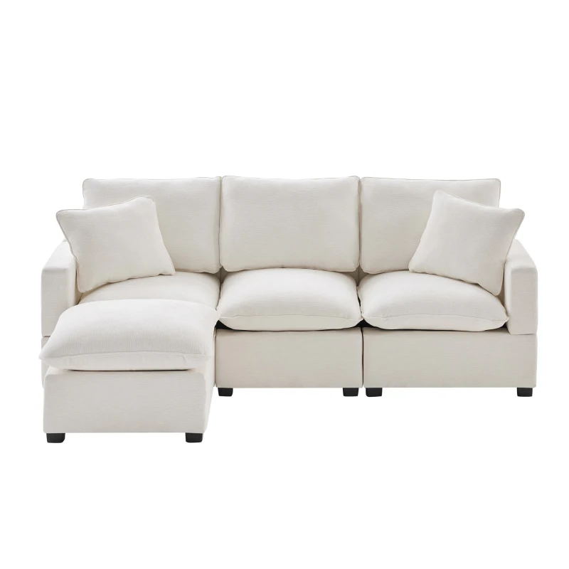 84" x 57" Modern 4-Seat Chenille Modular Sofa Set with 2 Pillows, Freely Combinable, for Living Room, 84″ L x 57″ W x 37″ H, White
