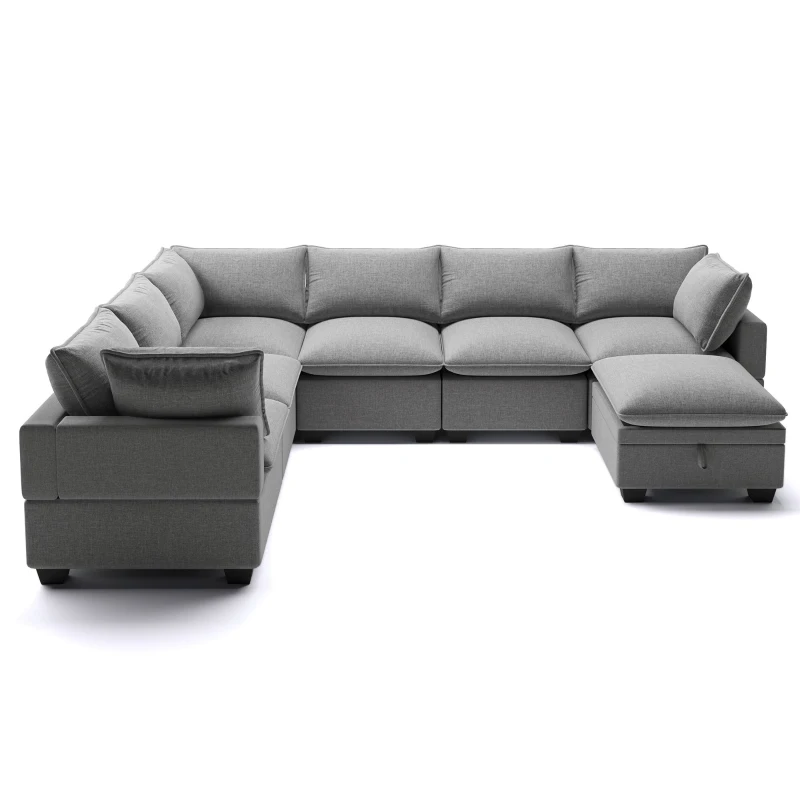120" x 93" Modern U-Shape Modular Sofa with Storage Ottoman and 2 Pillows, 7-Seat Freely Combinable Furniture for Living Room, Gray