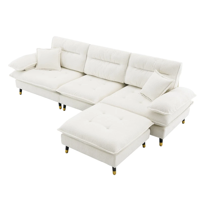 106" L-Shaped Convertible Tufted Sectional Sofa with 4-Seat, Adjustable Legs, Movable Ottoman for Living Room, 106″ L x 66.5″ W x 34″ H, White