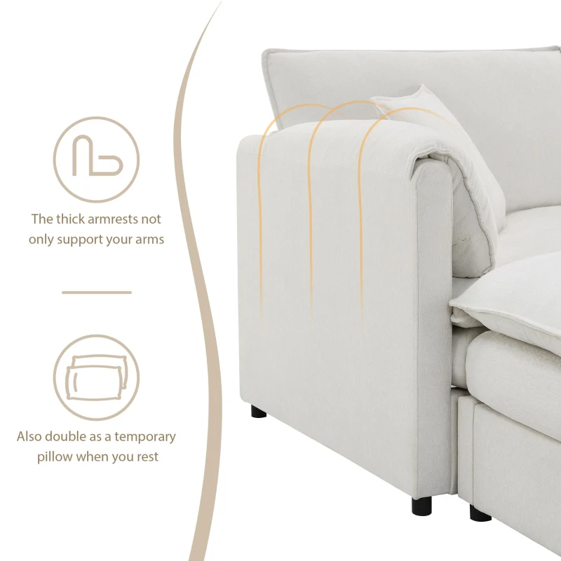 134" Chenille Modular Sectional 6 Seat Sleeper Sofa Bed with Ottomans, Double Cushions, for Living Room, 134″ L x 66″ W x 35″ H, Cream