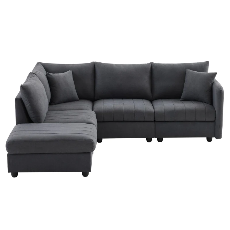 89" x 79" Modern Sectional Sofa with Vertical Stripes and 2 Pillows, 5-Seat Couch with Convertible Ottoman, for Living Room, Dark Gray