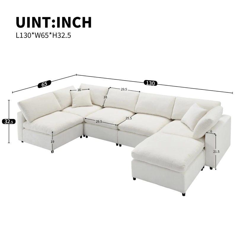 130" x 65" Modern Modular Cloud Sofa Bed with Ottoman, 6-Seat, Convertible U Shaped Sofa for Living Room, Apartment, Beige