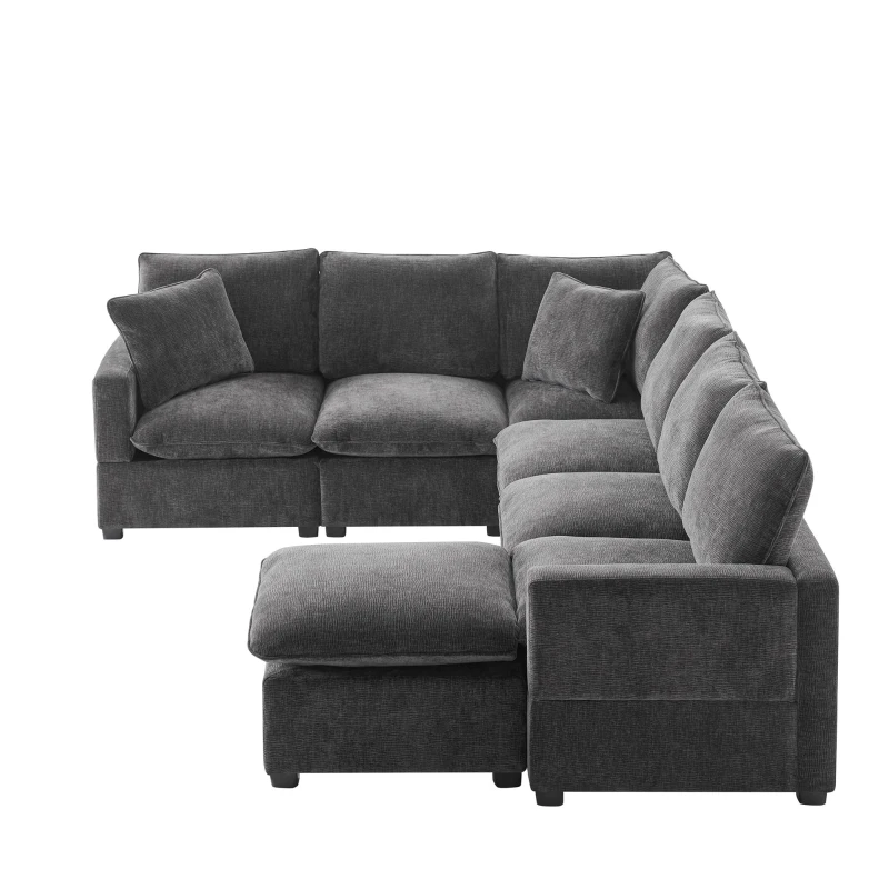 110" x 84" Modern U-Shape 7-Seat Chenille Modular Sofa Set with 2 Pillows, Freely Combinable for Living Room, 110″ L x 84″ W x 37″ H, Black+Gray