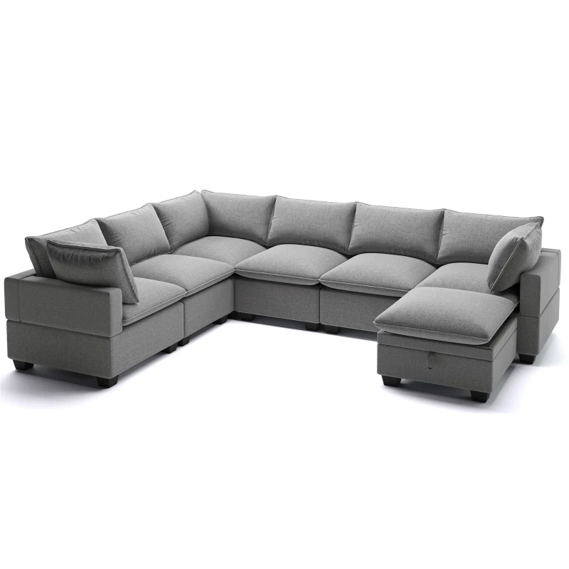 120" x 93" Modern U-Shape Modular Sofa with Storage Ottoman and 2 Pillows, 7-Seat Freely Combinable Furniture for Living Room, Gray