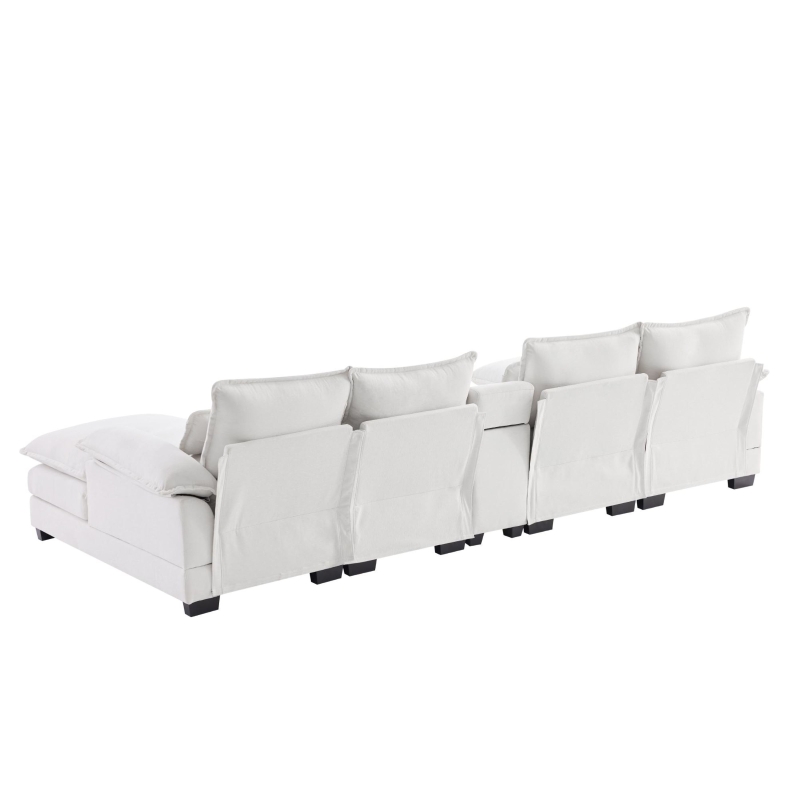 123" Modern U-Shaped 6-Seat Upholstered Sleeper Sofa Set with Console, Cupholders, USB Ports, and Chaise, 123″ L x 55″ W x 33″ H, White