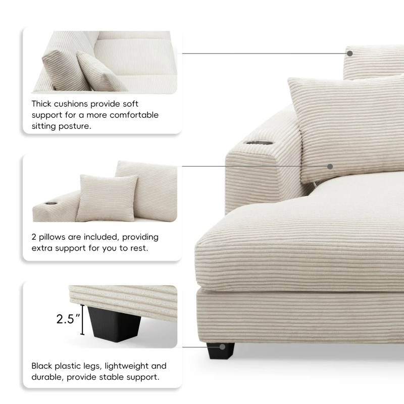 Oversized Corduroy Sectional Sofa with USB Charging Port and Cup Holder, Deep Seat Sofa Bed with 50" Chaise, 134″ L x 54″ W x 25″ H, Beige
