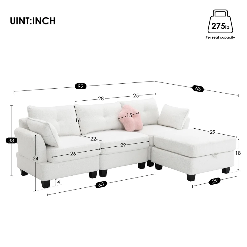 92" x 63" Modern L-Shaped Teddy Velvet Sectional Sofa with Charging Ports, Storage Ottoman and 3 Pillows, for Living Room, Beige