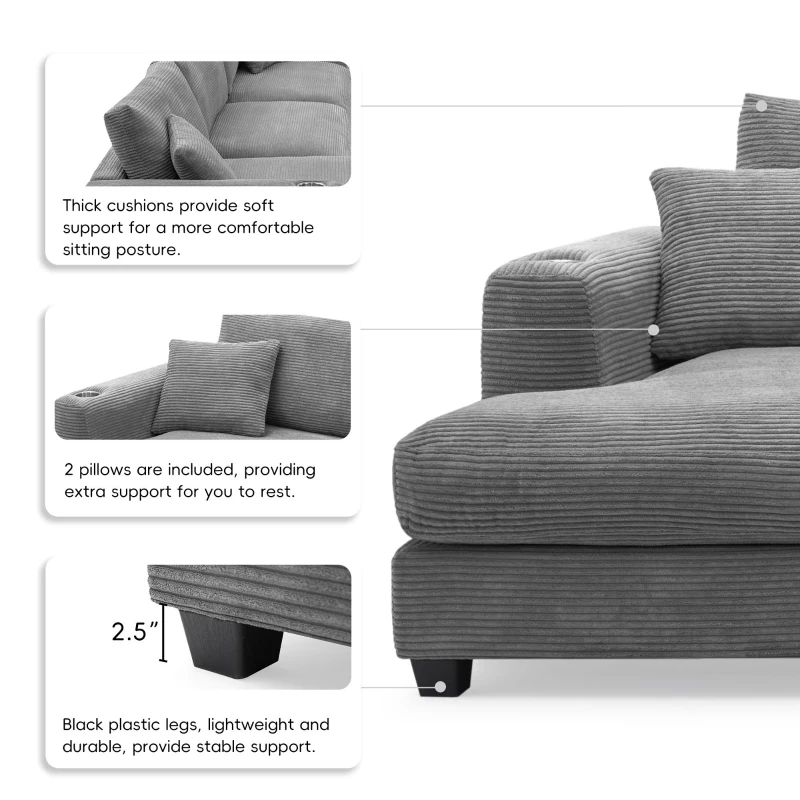 Oversized Corduroy Sectional Sofa with USB Charging Port and Cup Holder, Deep Seat Sofa Bed with 50" Chaise, 134″ L x 54″ W x 25″ H, Gray
