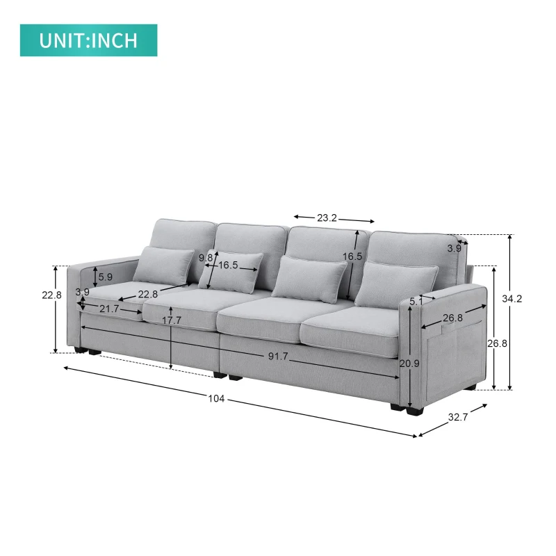 104" 4-Seater Modern Linen Fabric Sofa with Armrest Pockets and 4 Pillows, Minimalist Style, 104″ L x 33″ W x 34.5″ H, Light Gray